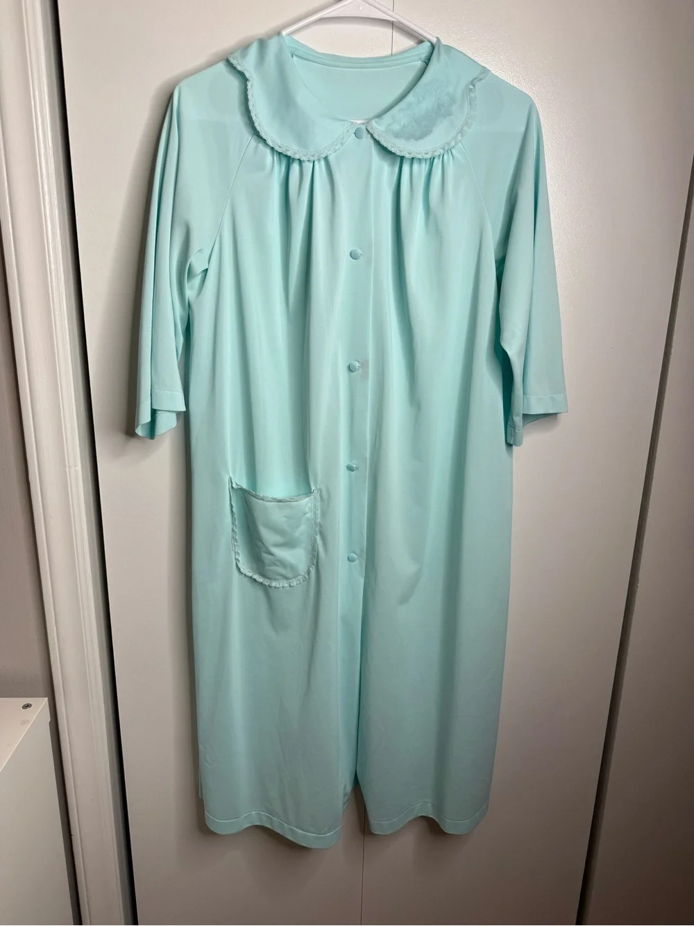 Vintage Shadowline Women's Medium Nylon Nightgown Button Front Pockets Blue Lace